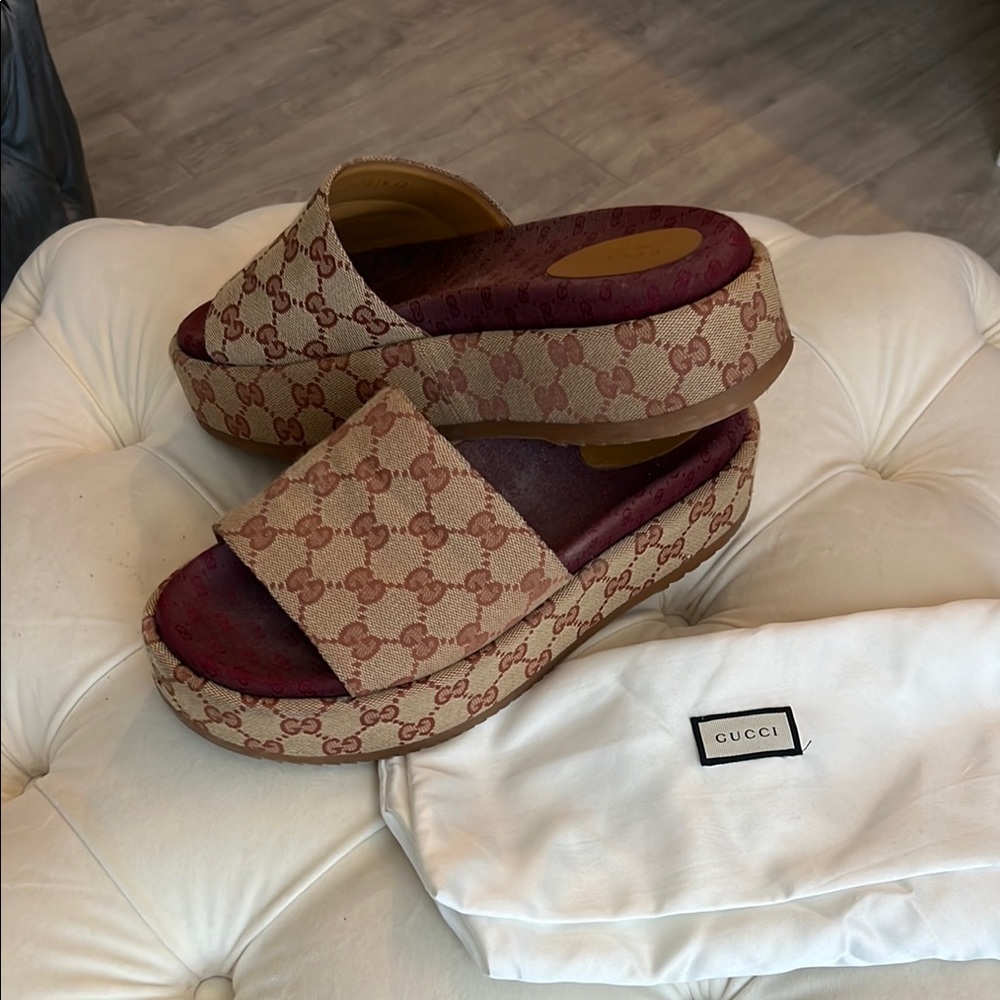 Gucci Brown Monogram Mules with Elastic Band